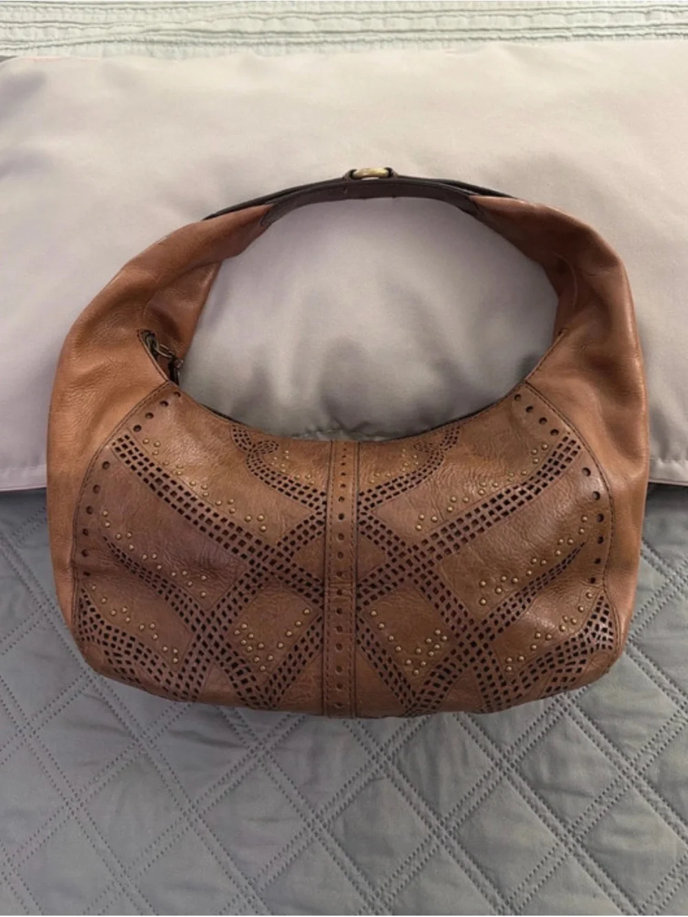 Cole Haan Tan Leather Perforated Hobo with Stud Accents